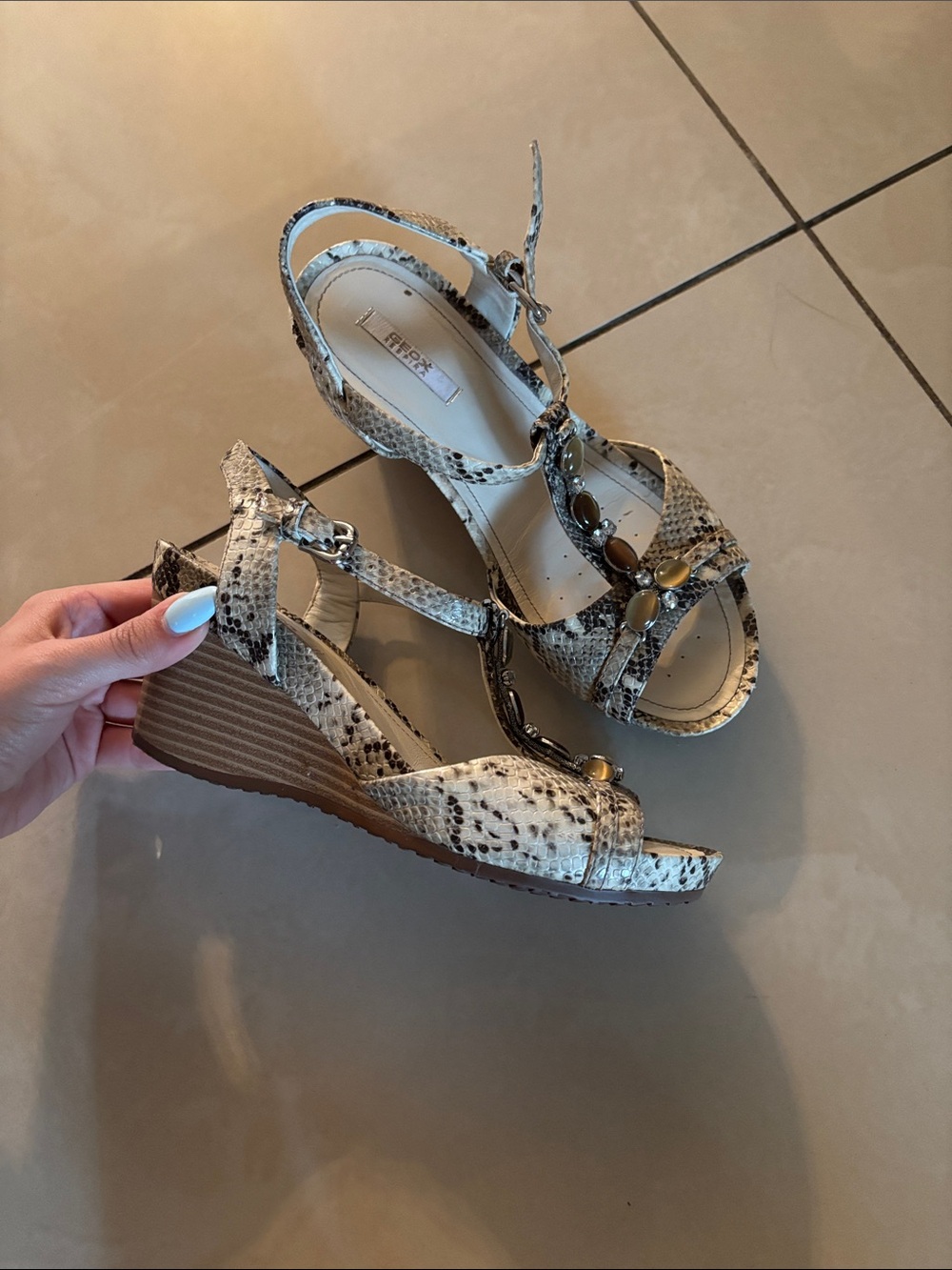 Geox Snake-Print Wedge Sandals with Jewel Accents - Beige/Tan